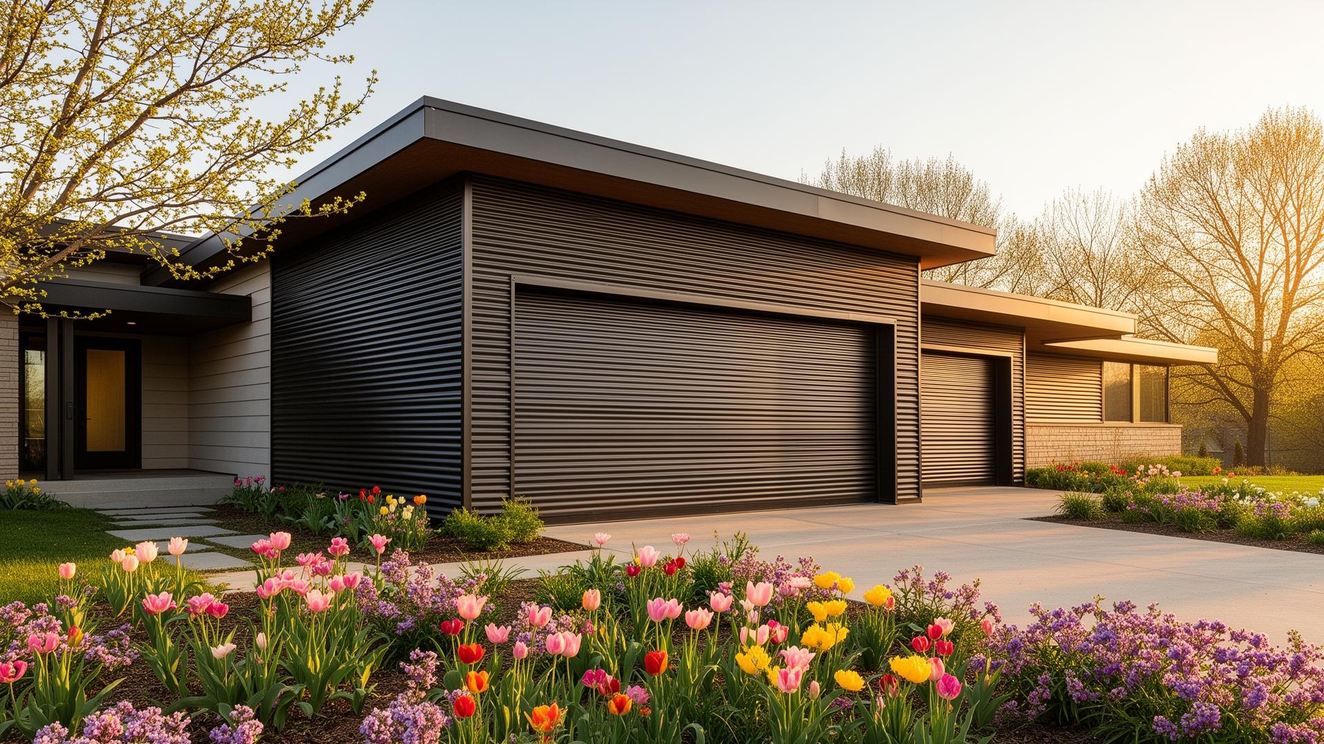Modern prairie style home with industrial ribbed steel roll-up garage doors in Shelby NC